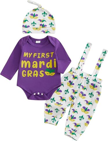 My First Mardi Gras Baby Boy Outfit Newborn Long Sleeve Romper Suspender Overalls Pants Hat Set Carnival Clothes in Saudi Arabia