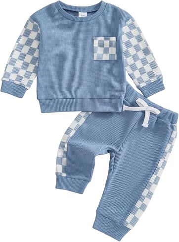 Sejardin Toddler Baby Boy Waffle Clothes Contrast Color Fall Winter Outfit Long Sleeve Sweatshirt and Stretch Pants 2Pcs Set in Saudi Arabia