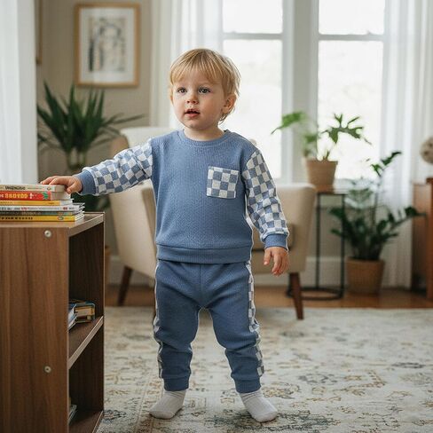 Sejardin Toddler Baby Boy Waffle Clothes Contrast Color Fall Winter Outfit Long Sleeve Sweatshirt and Stretch Pants 2Pcs Set in Saudi Arabia