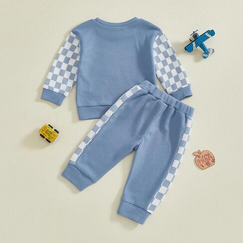 Sejardin Toddler Baby Boy Waffle Clothes Contrast Color Fall Winter Outfit Long Sleeve Sweatshirt and Stretch Pants 2Pcs Set in Saudi Arabia