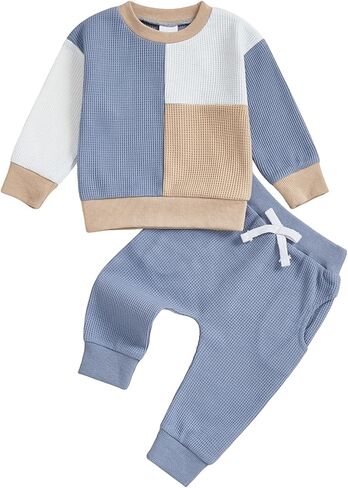 Sejardin Toddler Baby Boy Waffle Clothes Contrast Color Fall Winter Outfit Long Sleeve Sweatshirt and Stretch Pants 2Pcs Set in Saudi Arabia