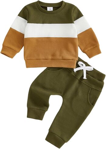 Sejardin Toddler Baby Boy Waffle Clothes Contrast Color Fall Winter Outfit Long Sleeve Sweatshirt and Stretch Pants 2Pcs Set in Saudi Arabia