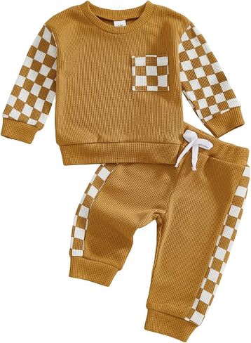 Sejardin Toddler Baby Boy Waffle Clothes Contrast Color Fall Winter Outfit Long Sleeve Sweatshirt and Stretch Pants 2Pcs Set in Saudi Arabia
