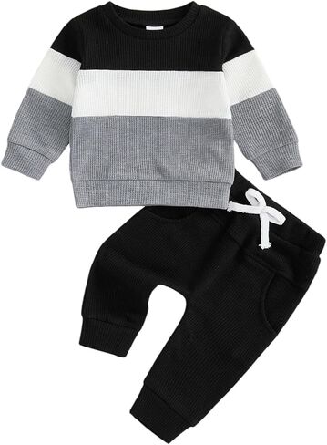 Sejardin Toddler Baby Boy Waffle Clothes Contrast Color Fall Winter Outfit Long Sleeve Sweatshirt and Stretch Pants 2Pcs Set in Saudi Arabia
