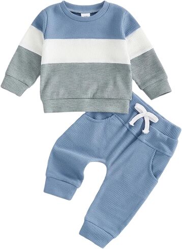 Sejardin Toddler Baby Boy Waffle Clothes Contrast Color Fall Winter Outfit Long Sleeve Sweatshirt and Stretch Pants 2Pcs Set in Saudi Arabia
