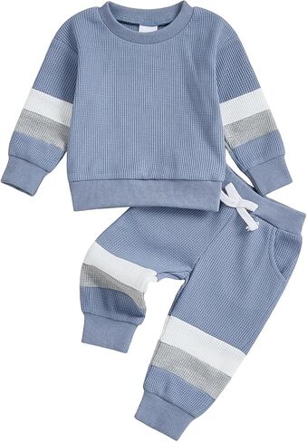 Sejardin Toddler Baby Boy Waffle Clothes Contrast Color Fall Winter Outfit Long Sleeve Sweatshirt and Stretch Pants 2Pcs Set in Saudi Arabia