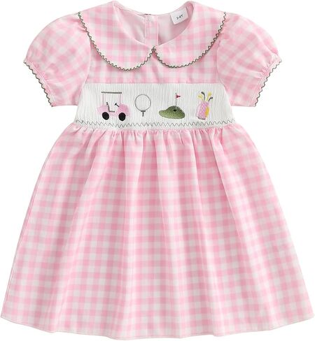 Toddler Baby Girl Golf Smocked Puff Short Sleeve Dress 12 18 Month 2T 3T 4T 5T Collared Plaid Tunic Playwear Dresses in Saudi Arabia