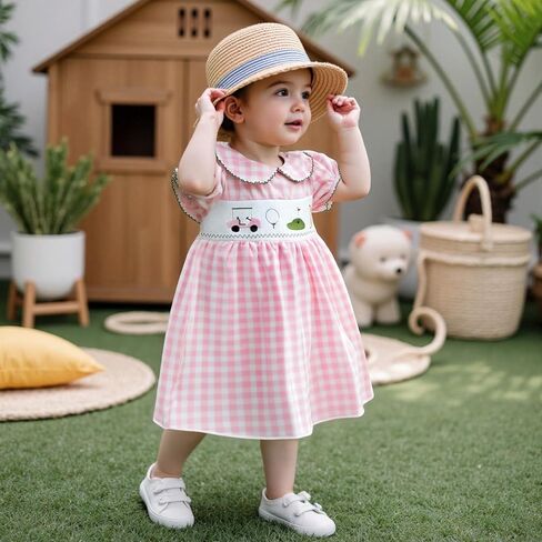 Toddler Baby Girl Golf Smocked Puff Short Sleeve Dress 12 18 Month 2T 3T 4T 5T Collared Plaid Tunic Playwear Dresses in Saudi Arabia