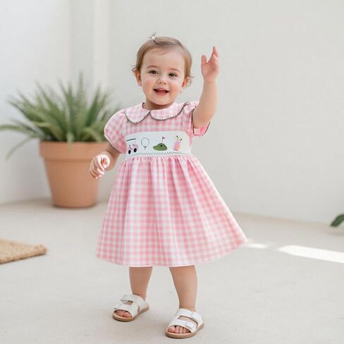 Toddler Baby Girl Golf Smocked Puff Short Sleeve Dress 12 18 Month 2T 3T 4T 5T Collared Plaid Tunic Playwear Dresses in Saudi Arabia