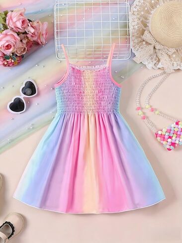 Toddler Girls Rainbow Smocked Dress Color Block Sleeveless Sundress for Little Girls Summer Outfit in Saudi Arabia