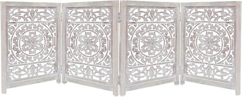Wooden Foldable Pet Dog Safety Gate - 4 Panel 20" W x 24" H - Hand Carved Suzani Free Standing Portable Indoor Puppy Gate - Doorway Hall Stairs Dog Fence - Assembled - White Wash - IRONGATE in Saudi Arabia