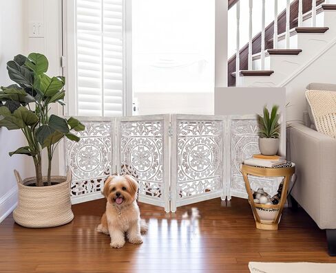 Wooden Foldable Pet Dog Safety Gate - 4 Panel 20" W x 24" H - Hand Carved Suzani Free Standing Portable Indoor Puppy Gate - Doorway Hall Stairs Dog Fence - Assembled - White Wash - IRONGATE in Saudi Arabia