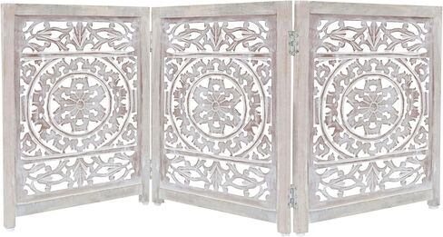 Wooden Foldable Pet Dog Safety Gate - 4 Panel 20" W x 24" H - Hand Carved Suzani Free Standing Portable Indoor Puppy Gate - Doorway Hall Stairs Dog Fence - Assembled - White Wash - IRONGATE in Saudi Arabia