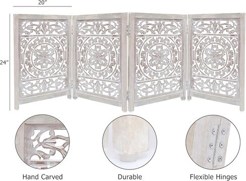 Wooden Foldable Pet Dog Safety Gate - 4 Panel 20" W x 24" H - Hand Carved Suzani Free Standing Portable Indoor Puppy Gate - Doorway Hall Stairs Dog Fence - Assembled - White Wash - IRONGATE in Saudi Arabia