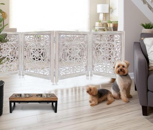 Wooden Foldable Pet Dog Safety Gate - 4 Panel 20" W x 24" H - Hand Carved Suzani Free Standing Portable Indoor Puppy Gate - Doorway Hall Stairs Dog Fence - Assembled - White Wash - IRONGATE in Saudi Arabia