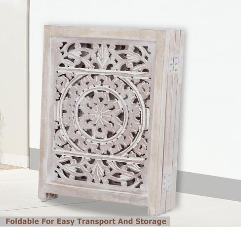 Wooden Foldable Pet Dog Safety Gate - 4 Panel 20" W x 24" H - Hand Carved Suzani Free Standing Portable Indoor Puppy Gate - Doorway Hall Stairs Dog Fence - Assembled - White Wash - IRONGATE in Saudi Arabia