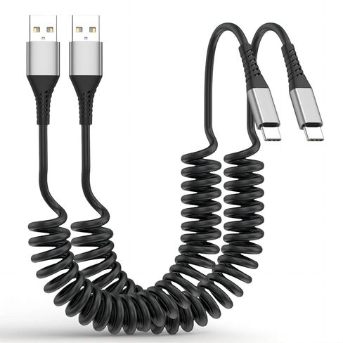 كابل ملفوف USB C إلى USB C بطول 3 أقدام، 2 حزمة سلك شاحن سيارة قابل للسحب من النوع C إلى C كابل شحن سريع لهاتف iPhone 17 16 15 Pro Max وiPad وMacBook وSamsung Galaxy S23 S24 وكابلات USBC إلى USBC للسيارة in Kuwait