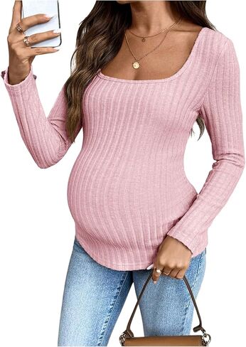 Women's Maternity Ribbed Knit Top Square Neck Long Sleeve T Shirts Fall Tops in Saudi Arabia