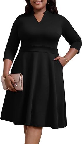 فساتين Nmoder مقاس كبير للنساء، فستان متوسط ​​الطول برقبة على شكل حرف V وأكمام 3/4 واسعة مع جيب in Kuwait