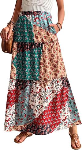 Ladies' Mid-Length Printed Skirt,Bohemian Style,A-line Skirt,Loose,Leisure,Pocket Skirts in Saudi Arabia