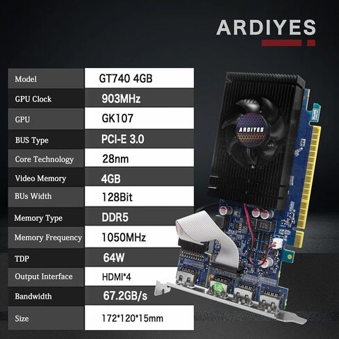 بطاقة رسومات GT 740 سعة 4 جيجابايت GDDR5 منخفضة المستوى GPU، 4 منافذ HDMI لإعداد شاشات متعددة رباعية، PCI Express 3.0 x16، تبريد صامت، مثالية للمكتب والمسرح المنزلي in Kuwait