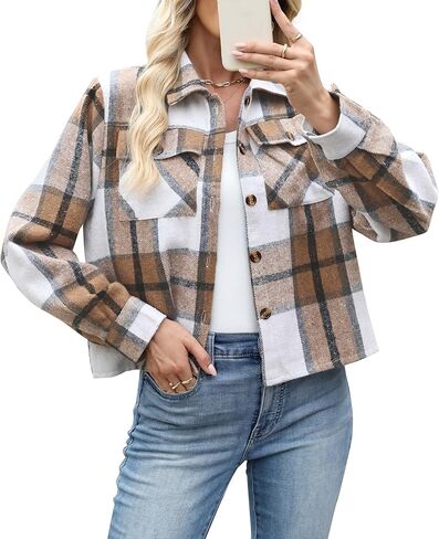 Flannels for Women Cropped Shacket Jacket Plaid Button Down Shirt Fashion Fall Winter Coat Tops in Saudi Arabia