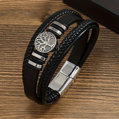 Braided Leather Bracelet with Tree of Life Charm, Adjustable Spiritual Jewelry for Men and Women, Symbolic Boho Gift in Saudi Arabia