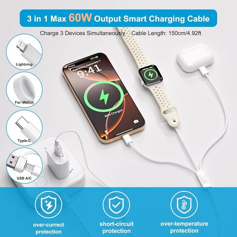 أساسيات السفر لشاحن ساعة Apple، سلك كابل شاحن USB C/Lightning/iWatch متعدد بقدرة 60 وات 3 في 1 لأجهزة iPhone 6-17، وMacBook، وiPad، وSamsung S25-S21، وGoogle Pixel، محمول مصمم لـ iWatch-5FT in Kuwait