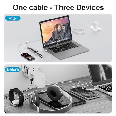 أساسيات السفر لشاحن ساعة Apple، سلك كابل شاحن USB C/Lightning/iWatch متعدد بقدرة 60 وات 3 في 1 لأجهزة iPhone 6-17، وMacBook، وiPad، وSamsung S25-S21، وGoogle Pixel، محمول مصمم لـ iWatch-5FT in Kuwait