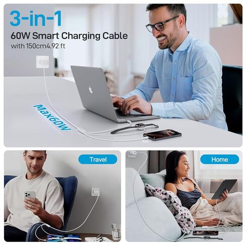 أساسيات السفر لشاحن ساعة Apple، سلك كابل شاحن USB C/Lightning/iWatch متعدد بقدرة 60 وات 3 في 1 لأجهزة iPhone 6-17، وMacBook، وiPad، وSamsung S25-S21، وGoogle Pixel، محمول مصمم لـ iWatch-5FT in Kuwait