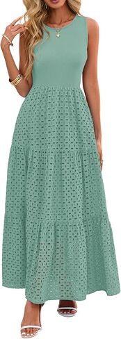 Lazysmile Womens Summer Dresses Crewneck Sleeveless A-Line Hollow Out Eyelet Tiered Tank Maxi Dress Sundress with Pockets in Saudi Arabia