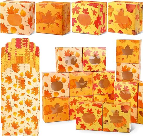 24 Pcs Fall Cookie Boxes with Window, Autumn Maple Leaf Pumpkin Bakery Treat Box Paper Gift Container for Fall Harvest Thanksgiving Birthday Supplies Party Desserts Candy Cupcake in Saudi Arabia