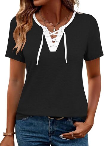 LOMON Women's Lace Up V-Neck T-Shirts Short Sleeve Casual Blouses Summer Tee Tops 2026 in Saudi Arabia