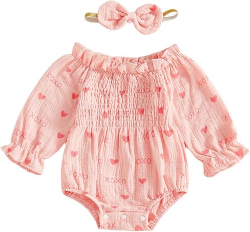My First Valentines Day Baby Girl Outfit Embroidery Heart Long Sleeve Romper Baby Bows Smocked Outfits Fall Clothes in Saudi Arabia