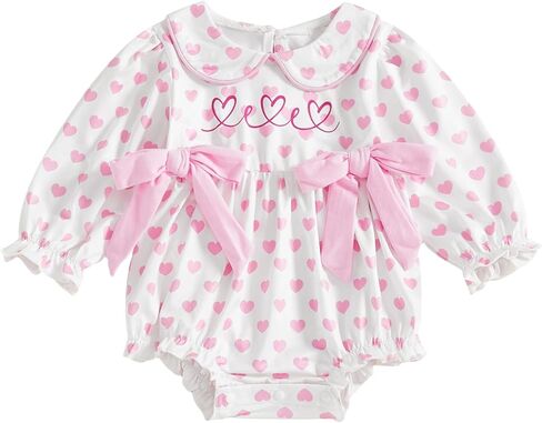 My First Valentines Day Baby Girl Outfit Embroidery Heart Long Sleeve Romper Baby Bows Smocked Outfits Fall Clothes in Saudi Arabia