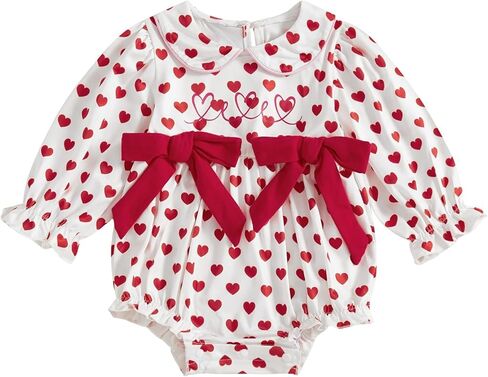 My First Valentines Day Baby Girl Outfit Embroidery Heart Long Sleeve Romper Baby Bows Smocked Outfits Fall Clothes in Saudi Arabia