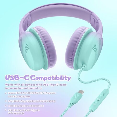 سماعات رأس USB من النوع C للأطفال، سماعات رأس سلكية للأطفال مع ميكروفون بحد حجم 85/94 ديسيبل، صوت ستيريو محمول فوق سماعات الأذن للمدرسة/السفر/الكمبيوتر اللوحي/جهاز iPad، بنفسجي أخضر in Kuwait