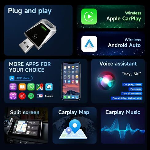 Wireless CarPlay Adapter for Apple & Android, 2-in-1 Adapter Convert, Plug and Play, Stable Connection & No Latency with Function Buttons No Latency, Compatible USB A/C (Silver) in Saudi Arabia