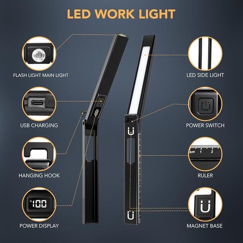 Rechargeable Work Light, LED Pen Work Light with 180° Rotate Foldable Design, Portable Work Lights Magnetic Back and Hook Work Flashlight for Car Repairing, 4 Lighting Modes, USB C Cable, Pack of 1 in Saudi Arabia