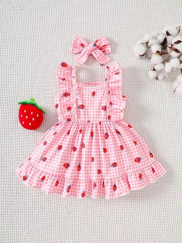 Baby Girl Strawberry Gingham Ruffle Strap Dress with Bow Headband Summer Outfit Newborn Infant in Saudi Arabia