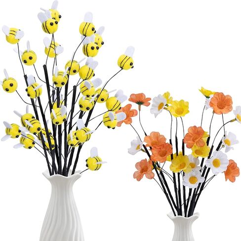 Watayo 15 Pcs Felt Bee Stems with Artificial Flowers Picks, Felt Honeybee Branches Floral Decorative Picks, Bees Daisy Stems Spray Vase Fillers for Table Centerpiece Tree DIY Craft Home Party Decor in Saudi Arabia