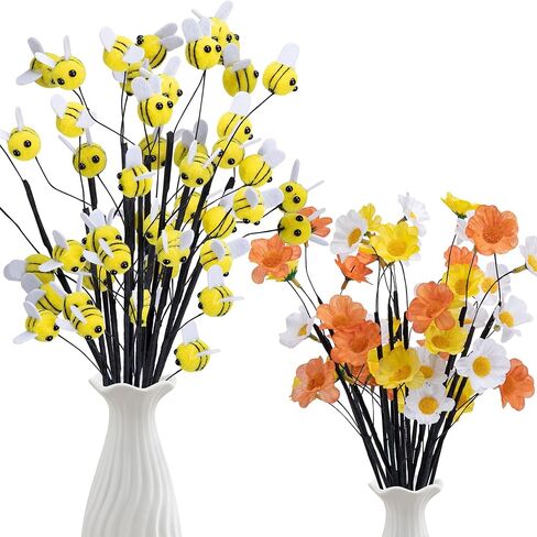 Watayo 15 Pcs Felt Bee Stems with Artificial Flowers Picks, Felt Honeybee Branches Floral Decorative Picks, Bees Daisy Stems Spray Vase Fillers for Table Centerpiece Tree DIY Craft Home Party Decor in Saudi Arabia