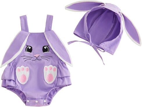 Baby Girl Easter Outfit Rabbit Print Sleeveless Ruffle Bubble Romper Cute Summer Jumpsuit Bunny Clothes With Hat in Saudi Arabia