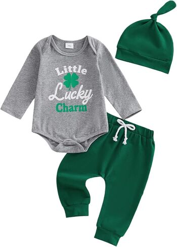 Lamuusaa Newborn Baby Boy St Patricks Day Outfit Little Lucky Charm Romper Green Long Pants Hat 3Pcs Clothes Set in Saudi Arabia