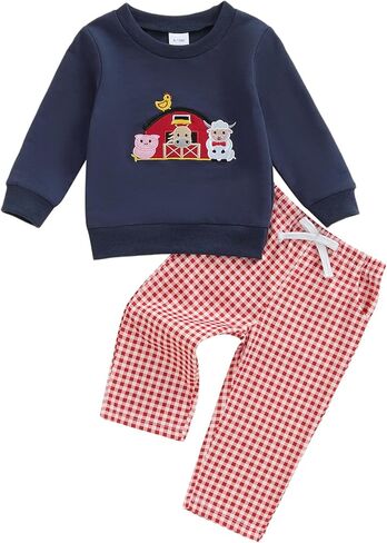 Toddler Baby Boy Farm Clothes Western Animal Sweatshirt and Gingham Plaid Pants Set 2Pcs Fall Winter Outfits in Saudi Arabia