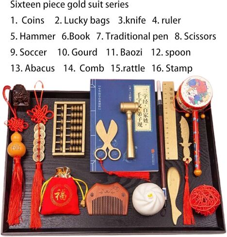 16-Piece Zhuazhou Set 抓周 100cm * 100cm Background Sheet Unique Gifts for Baby's First Birthday Party in Saudi Arabia