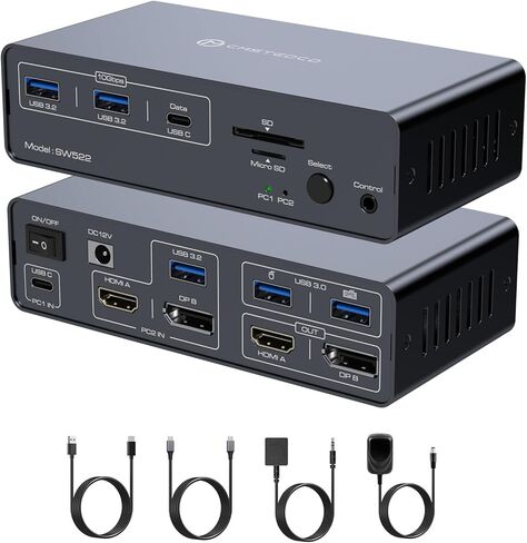 KVM Switch 2 شاشات 2 محطة إرساء لأجهزة الكمبيوتر USB C + مدخل HDMI/DP، 4K60 هرتز/4K120 هرتز لأجهزة الكمبيوتر المحمول وسطح المكتب مع 1 * USB C + 2 * USBA 3.2 10 جيجابت في الثانية + 2 * USB 3.0 5 جيجابت في الثانية وفتحات بطاقة SD/microSD in Kuwait