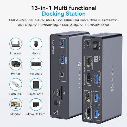 KVM Switch 2 شاشات 2 محطة إرساء لأجهزة الكمبيوتر USB C + مدخل HDMI/DP، 4K60 هرتز/4K120 هرتز لأجهزة الكمبيوتر المحمول وسطح المكتب مع 1 * USB C + 2 * USBA 3.2 10 جيجابت في الثانية + 2 * USB 3.0 5 جيجابت في الثانية وفتحات بطاقة SD/microSD in Kuwait