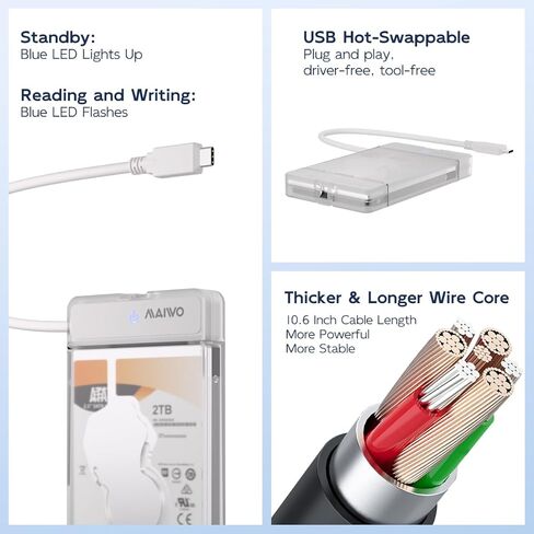 كابل MAIWO SATA إلى USB، محول SATA SSD/HDD إلى USB 3.0 مقاس 2.5 بوصة، حافظة تخزين محول قارئ القرص الصلب الخارجي لـ 2.5 بوصة sata I/II/III SSD/HDD، سعة 8 تيرابايت (USB-C، أبيض) in Kuwait