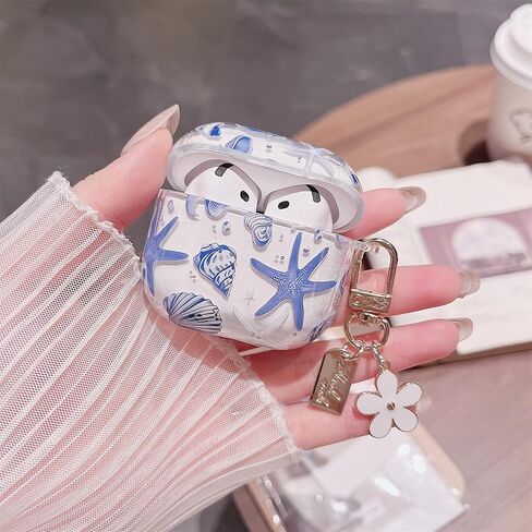 جراب MINSCOSE متوافق مع AirPods 4، تصميم جميل لطيف على شكل صدف ونجم البحر مع سلسلة مفاتيح، غطاء حماية ناعم من مادة TPU مقاوم للصدمات لـ AirPods 4 للنساء والفتيات - أزرق in Kuwait